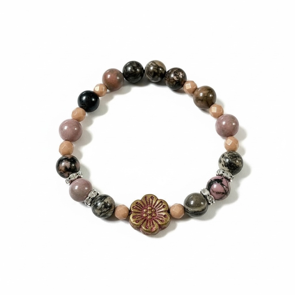 Handmade Rhodonite Stretch Bracelet With Czech Glass And Fire Polished Beads